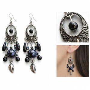 Rhinestone Statement Drop Earrings Antique Bronze Tone Boho Dangle